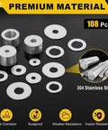 304 Stainless Flat And Fender Washers Set 108 Pcs 12 Sizes M3 To M12 displayed on black surface