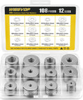 Open box of 304 Stainless Flat And Fender Washers Set 108 Pcs 12 Sizes M3 To M12 showcasing organized stack of washers.