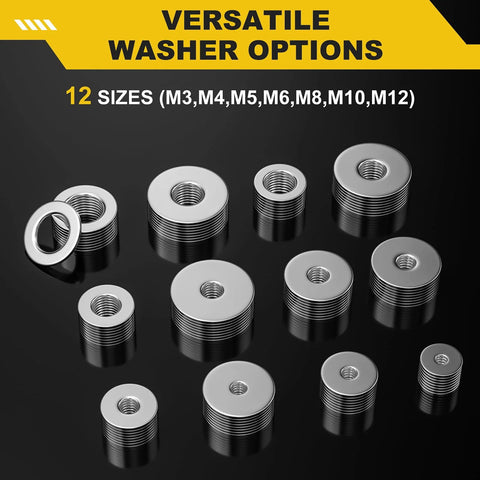 304 Stainless Flat And Fender Washers Set 108 Pcs 12 Sizes M3 To M12 shown in stacked arrangement