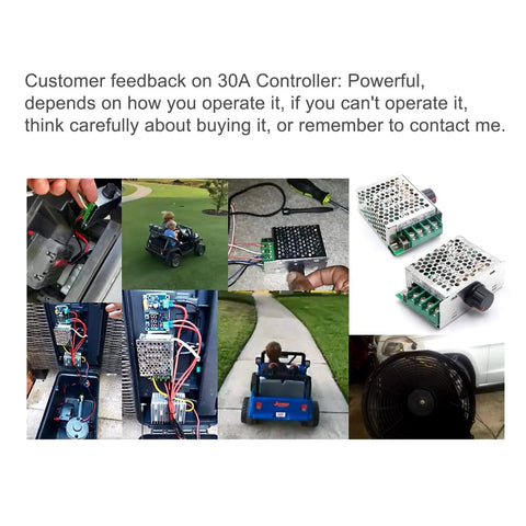 Collage showing 7-70V PWM DC Motor Speed Controller 30A - Low Heat Aluminum Housing for Brushed DC Motors, DIY Projects & Small Electric Devices.