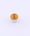 Close-up of a copper tinned surface mount round nut for PCBs, M3 size, heavy-duty threaded hardware for electronics.
