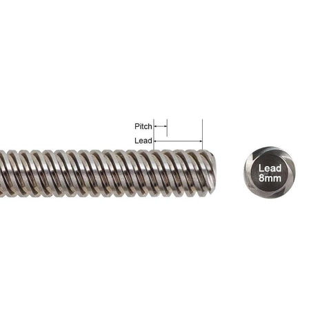 Close-up view of 310mm Tr8x8 Lead Screw Nema 17 Integrated Linear Actuator Stepper Motor with External Brass Nut 1.5A 59oz-in for RepRap Prusa i3 3D Printers Z Axis CNC, showing pitch and lead measurements.