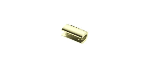 Professional Grade Heavy Duty Gold Plated No Drill Long Shelf Clamp For Half Inch Tempered Glass with tight grip, gold metal bracket detail.