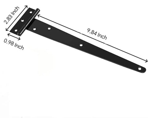 12 Piece T Strap Barn Door Hinges Black 10 Inch Heavy Duty Hinges dimensions shown for barn gates and cabinets.