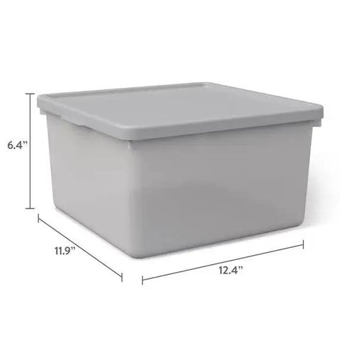 Straight Up Essential Stackable Medium Storage Bins With Secure Lids Hella Neat Gray Plastic Organizer Box For Clothes And Toys, dimensions 12.4x11.9x6.4 inches.