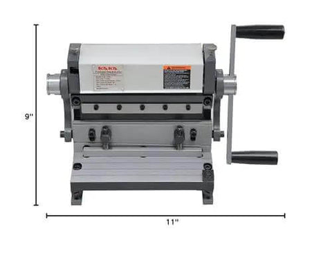 8 Inch 3 In 1 Metal Brake Shear Roll Machine for 20 Gauge Steel Burr Free Cutting and Cone Rolling, front view with measurements