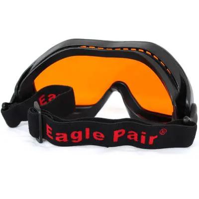Premium Laser Safety Glasses With Killer OD5 Protection On Dual Bands Covering Violet Blue Green And Near Infrared Light From 190 To 540Nm And 800 To 1700Nm Scratch Proof Tough Glass Goggles with orange lenses and adjustable strap.