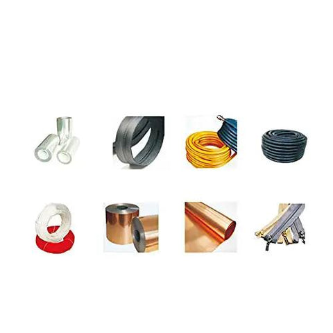Various materials like tubes, wires, and films shown for the Fully Automatic Industrial Cutting Solution For Shrinkage Tube Wire Film Paper Foil Belt Heavy Duty Multi Material Trimmer With Calibration System A Badass Precision Cut And Maximum Hustle.