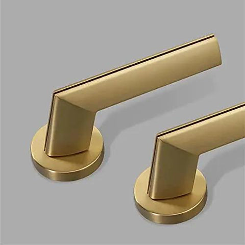 Rock Solid Heavy Duty Zinc Alloy Door Handles With Slick Electroplated Gold Finish For Interior Door Locks, displayed on a gray background.