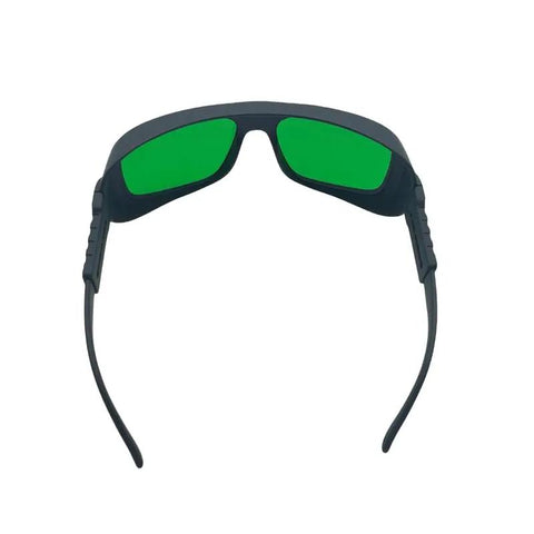 Top Notch Laser Safety Glasses With Kick Ass Eye Protection For Red Diode And Infrared Lasers Covering 635 To 1100Nm Wavelengths For Workshop And Lab Use, front view with green lenses.