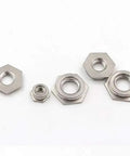 Top Shelf Self Clinching Flush Nuts Made From True 304 Stainless Steel PEM Style M2.5 assorted sizes displayed on a white background.