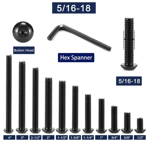 Five Sixteenth By Eighteen Threads Per Inch Button Head Socket Cap Screws One Inch Long Stainless Steel 304 Black Oxide Allen Hex Drive Pack Of Twenty With Hex Spanner Corrosion Resistant 304 Stainless Steel For Outdoor And Marine Applications displayed with various sizes.