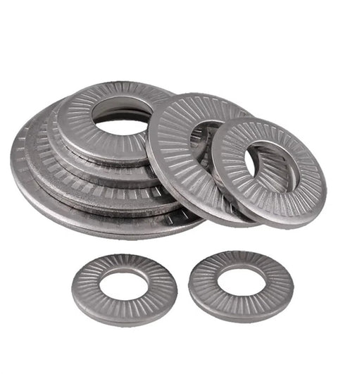 Stack of Five Sixteenths Inch Belleville Washers Conical Disc Springs 304 Stainless Pack on white background