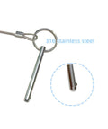 Close-up of quarter inch 316 stainless steel quick release pin with lanyard for bimini tops and marine hardware