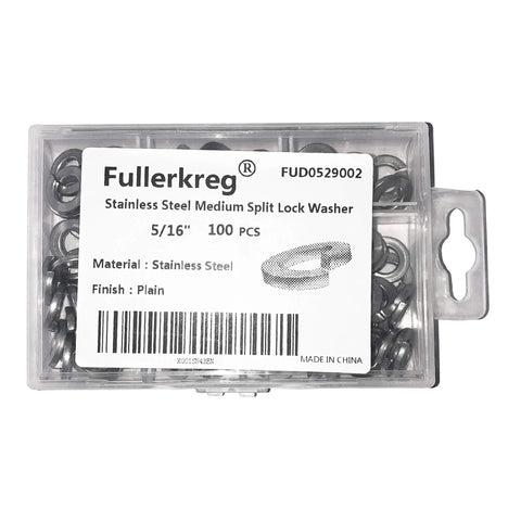 Pack of 100 Split Lock Washers 5/16 Inch, 18-8 Stainless Steel in clear plastic packaging