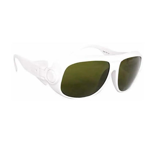 Top Tier Laser Safety Eyewear For IPL Photon Beauty Routines with white shatterproof frames and green lenses.