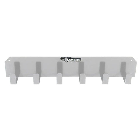 Heavy Duty Six Pair Goggle Wall Rack Solid Aluminum Eye Protection Organizer Locked Down For Garage And Race Trailer Storage Spaces With Pre Drilled Hardware Included Quick Mount end view with six slots for goggles.