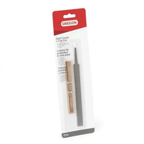 Oregon depth gauge tool with flat file for chainsaw chain in packaging, front view.