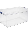 Heavy Duty 105 Quart Storage Bin With Secure Snap Latches And Clear Base keeps bedding and sports gear organized in a transparent container.