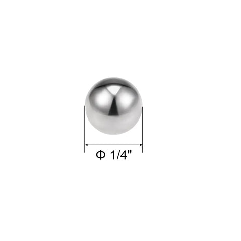Rock Solid 1/4 Inch 304 Stainless Steel Ball Bearings G100 Precision Grade showing smooth surface and diameter measurement.