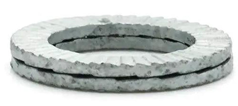 Heavy Hitters Wedge Lock Washers 5/8 Inch Pair Pre Assembled Glued Built Solid Alloy Steel Self Locking Hardware Cracks Down Tight For Grade 8 Bolts Rust Shielded Silver Pack Of 100 stacked view showing silver coated steel washers.