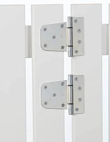 Extra Heavy Duty Gate Hinges Zinc Plated 2 Pack for Wood Steel and Vinyl Gates installed on a white gate