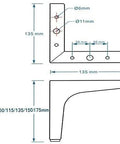 Schematic diagram of Built Tough Gold Trimmed Tripod Furniture Legs With Thick Triangle Base dimensions and hole specifications.
