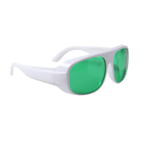 Top Tier Pro Grade Laser Safety Eyewear Blocking 450Nm Blue 650Nm Red And 808Nm Infrared Lasers With Robust Frames And Hella Thick OD4 Plus Filter For Workshop Tasks white frame with green lenses