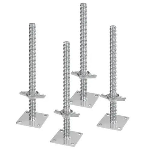 Four Pack Beefy Adjustable Leveling Jacks For Baker Style Scaffolding, 18.2 Inch Height Range, silver solid carbon steel
