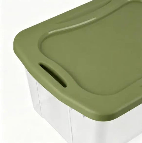 Rock Solid 95 Quart Clear Plastic Storage Bin With Easy Grip Handles For No Sweat Organization And Smooth Transport Legit Extra Large Bulk Storage Container with green lid and handle