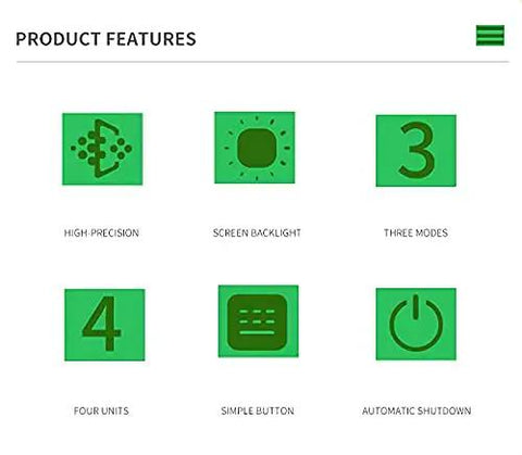 Product features of Heavy Duty Digital Force Gauge High Precision Push Pull Tester displayed with icons for precision, backlight, modes, units, simplicity, and shutdown.