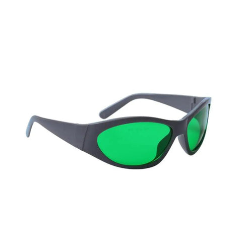Heavy Duty Laser Protective Glasses For Red Lasers Solid Kick Butt Eye Safety Gear With Optical Density Six Plus And Thirty Percent Light Transmittance, green-tinted side view.