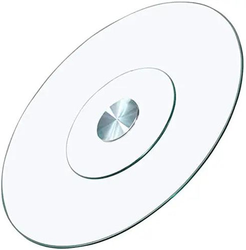 Slick Tempered Glass Lazy Susan Turntable For Kitchen Or Dining Table shown from above, smooth surface, sturdy, rotating design.