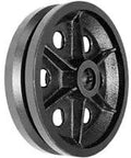 Heavy Duty Cast Iron V Groove Wheel Eight By Two Inch Wide Rail Carrier For Inverted Angle Iron Track Built Rock Solid showing v grooves.