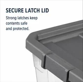Tackle The Mess Fast With This Beast Mode 108 Quart Stackable Storage Bin Packing Dang Solid Snap Latches And Crisp Clear Plastic For Foolproof Closets And Garage Decluttering showing secure latch lid detail.