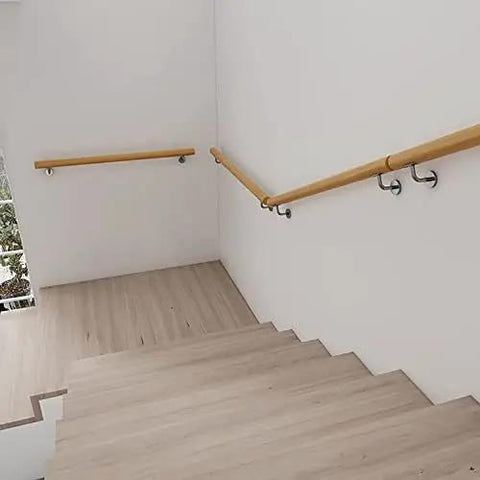 Rock Solid Oak Wall Mount Handrail Built On Heavy Duty Steel Brackets Adjustable Staircase Banister With Natural Wood Safety Grip Indoor Porch Or Basement Steps No Sweat Setup, installed on a staircase.