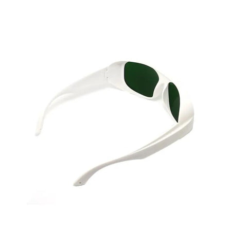 Top Tier Infrared Laser Protective Glasses With Nd:Yag Optical Density Eight Plus Clear Lens Built To Handle Heavy Duty Shop And Industrial Tech Load Reliable Gear with white frame and green lenses.