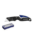 No Fuss Folding Lockback Utility Knife Featuring Slick Speed Release And Built In Storage Holds Ten Stainless Steel Blades For Pro Tradesmen And Weekenders Seeking A Rock Solid Every Day Workhorse Cutter Tool with blue accents.