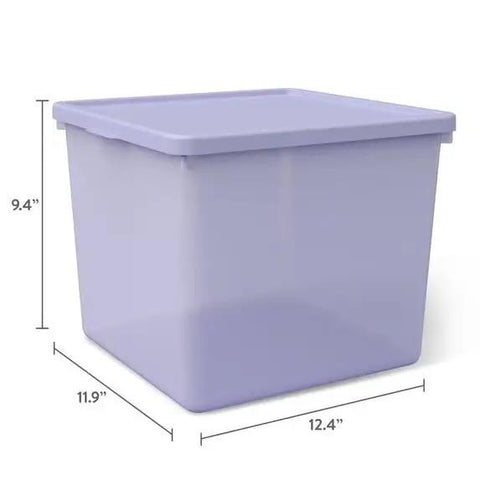 Top Tier Stackable Storage Bin With Lid, Slick Organizer Box For Toys Clothes Books And Games, Space Saving Closet Helper For Bedroom Or Playroom, Light Purple, Straight Up Reliable Build, 12.4 x 11.9 x 9.4 inches.
