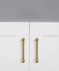 Premium Solid Brushed Brass Cabinet Pulls And Drawer Handles 3 Inch Hole Center on white cabinet doors.