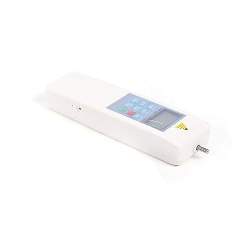 Top Tier Manual Horizontal Digital Force Gauge With Sturdy Bracket For 500N Push Pull Testing Real Deal Tensile Tool No Fuss Operation Lab Ready, white handheld gauge with buttons.