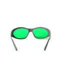 Heavy Duty Laser Protective Glasses For Red Lasers Solid Kick Butt Eye Safety Gear With Optical Density Six Plus And Thirty Percent Light Transmittance front view of green tinted eyewear.
