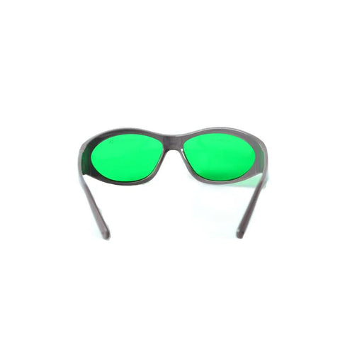 Heavy Duty Laser Protective Glasses For Red Lasers Solid Kick Butt Eye Safety Gear With Optical Density Six Plus And Thirty Percent Light Transmittance front view of green tinted eyewear.