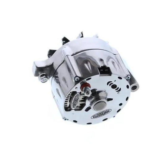 Slick Polished Ford Alternator 150 Amp 1 Wire Straight Shooter Single V Pulley Plug And Play Heavy Duty Under Hood Boost With Sleek Silver Finish For Domestic Street Rides Needing Zero Fuss Reliable Voltage at angle showing detail.