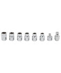 Precision Built 17 Piece Socket Wrench Set With 12 Point Pass Through Design And Chrome Vanadium Steel, displaying 8 chrome sockets.