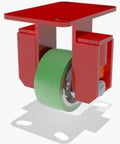 Four Inch Spring Loaded Rigid Caster Featuring Polyurethane Wheels Mounted On Cast Iron Cores Paired With Sealed Precision Ball Bearings in red color.