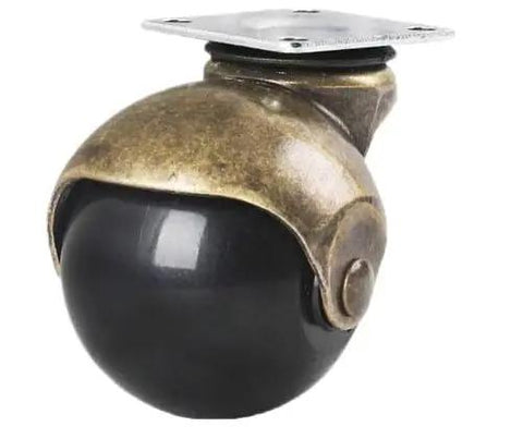 Smooth Rolling Antique Brass Swivel Caster with black ball, heavy duty, two-inch size for vintage sofas and heavy loads.