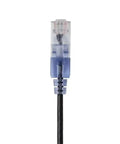 Close-up of SlimRun Cat6A Patch Ethernet Cable Snagless Narrow Boot UTP 550MHz 10G 30AWG 1 Foot Black connector end view