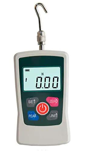 Top Shelf Digital Force Gauge For Smooth Push Pull And Compression Testing Up To 300N with a clear LCD display and hook.