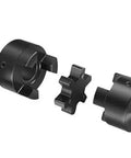Professional Grade Straight Shooter 3 Piece L Jaw Motor Shaft Coupling Kit showing two steel hubs and a black NBR rubber spider insert.